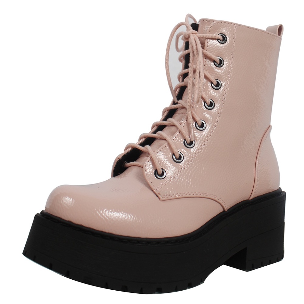 Blush Crinkle Faux Patent Leather  Lace Up Combat High Platform Ankle Boot